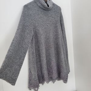 SISTERS  L Wool Blend Cowl Neck LS Gray Sweater Lace Overlay Hemline Cozy Scandi